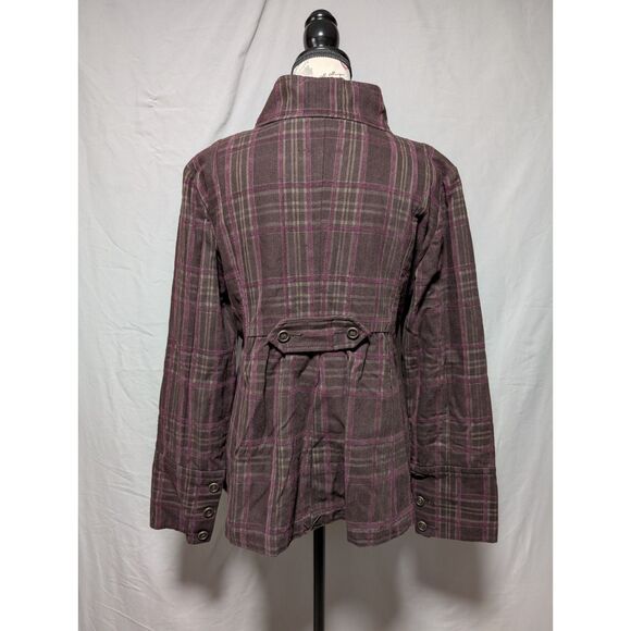 DKNY Jeans Women's Brown Purple Plaid Button Jacket Funnel Neck Fall Coat Large - Picture 4 of 14